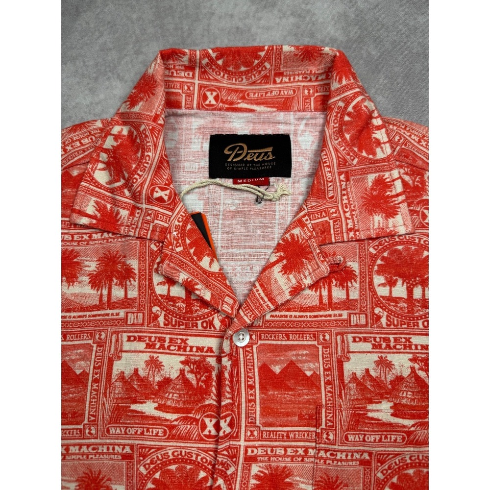 NWT Deus Ex Machina Men M Mail-Man Shirt Red Stamp Palm Print Cotton Button Up - Picture 6 of 14